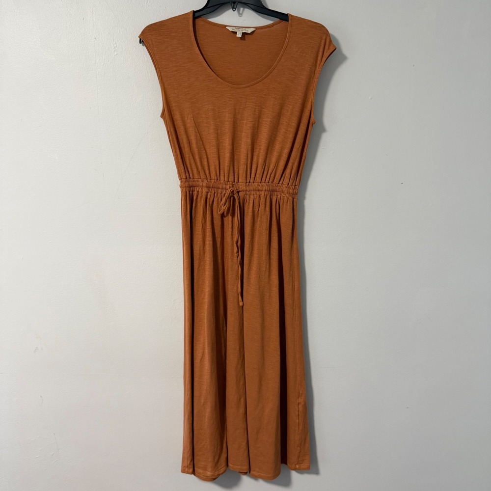 People Tree Organic Cotton Midi Dress Terracotta Orange‎ Drawstring Waist US 6